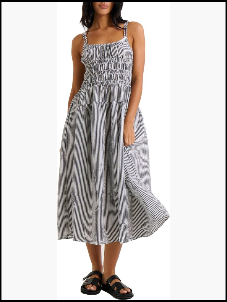 Striped Smocked Maxi Dress Sleeveless Boho Sundress Double Strap Flowy Swing